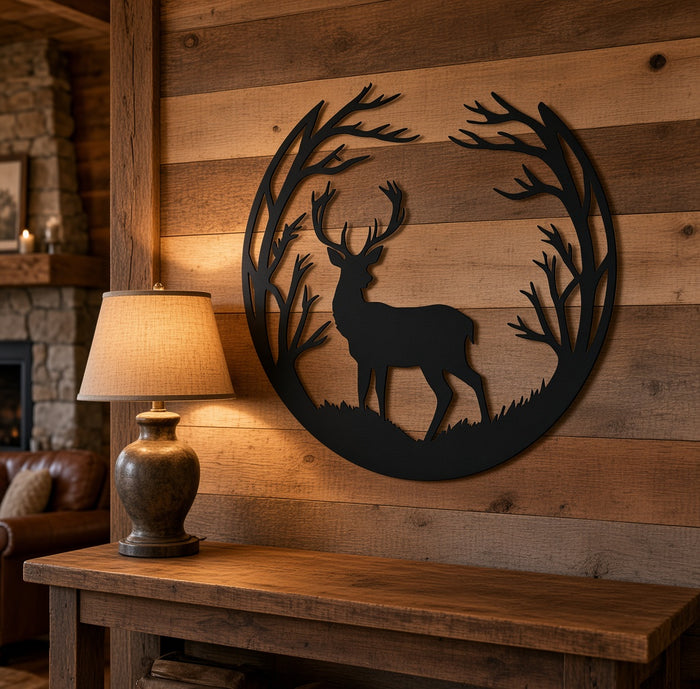 Round deer silhouette metal wall art shown on a cabin wall above a console