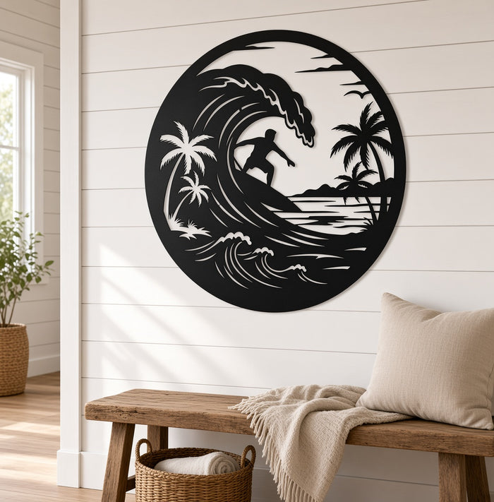 Surfer ocean wave metal wall art on a beach house wall