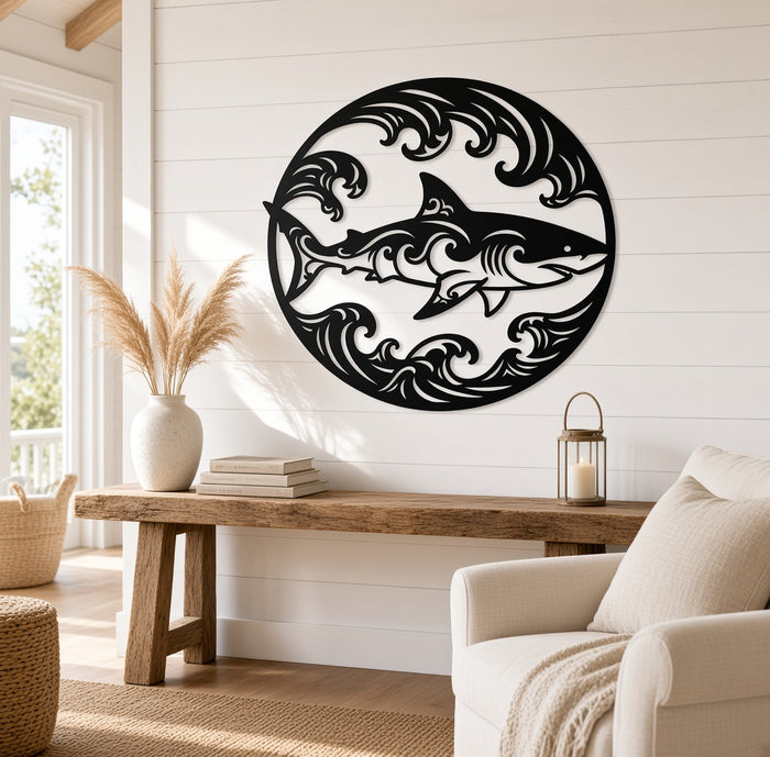 Shark and waves metal wall art on a coastal wall
