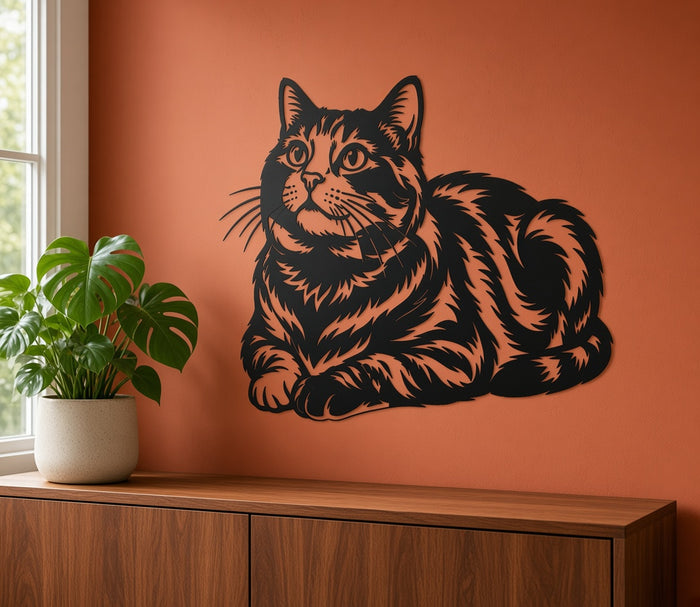Realistic cat metal wall art on a living room wall