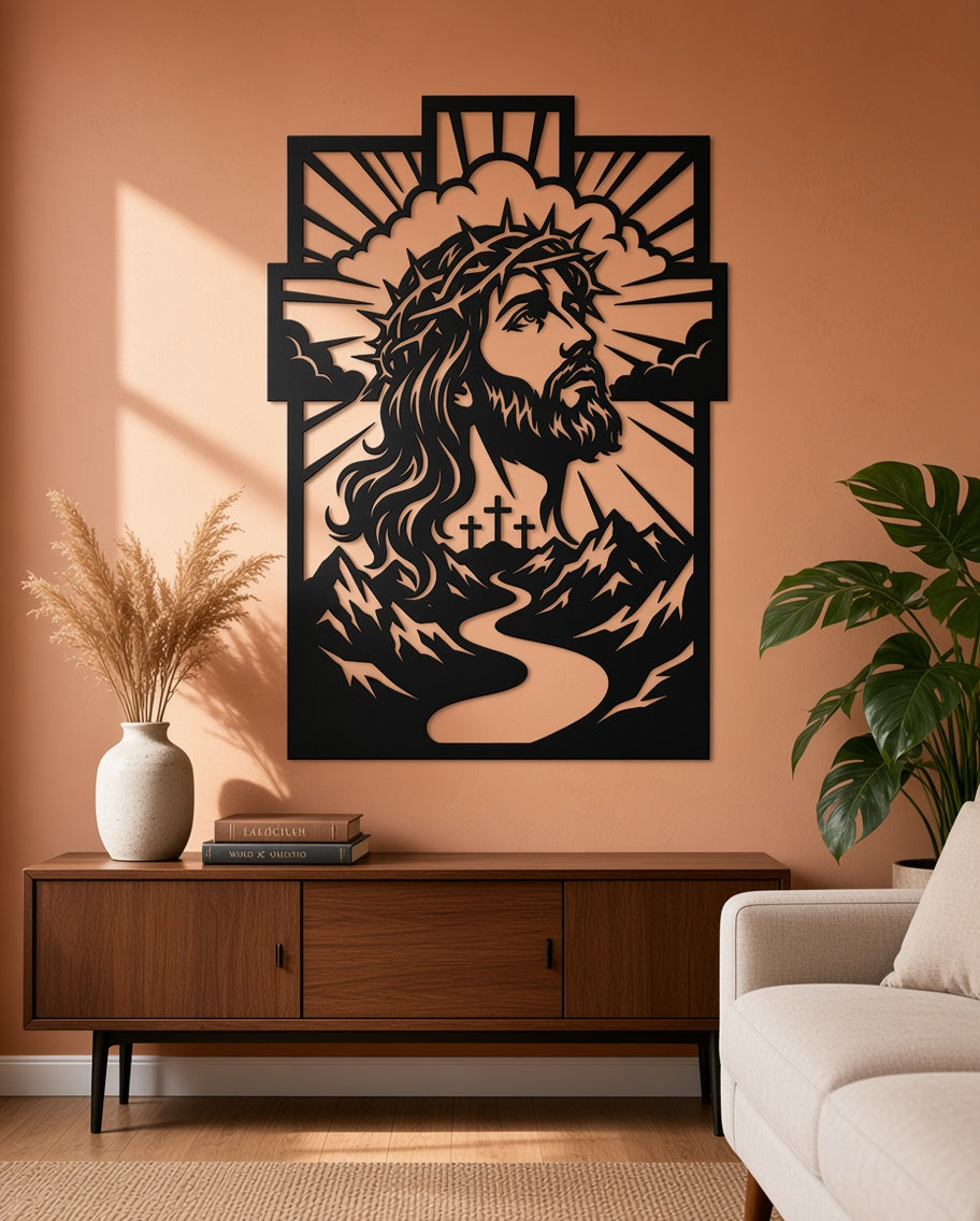 Jesus cross metal wall art on a living room wall