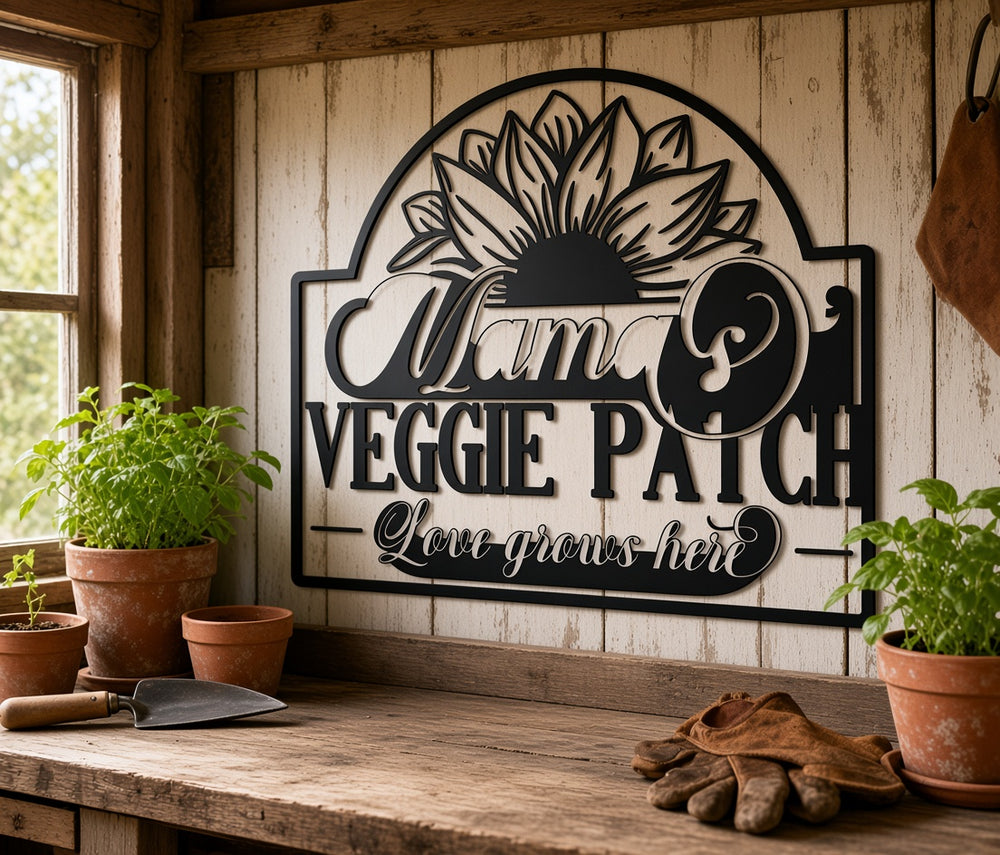 Garden veggie patch sign on a garden wall