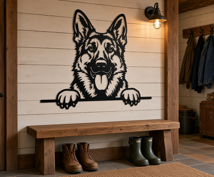 Peeking German shepherd metal wall art shown on a mudroom wall