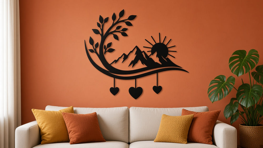 Mountain sunrise metal wall art on a living room wall