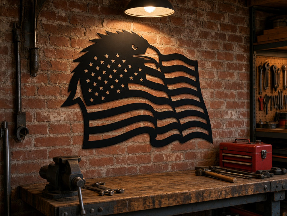 American flag eagle metal wall art on a shop wall