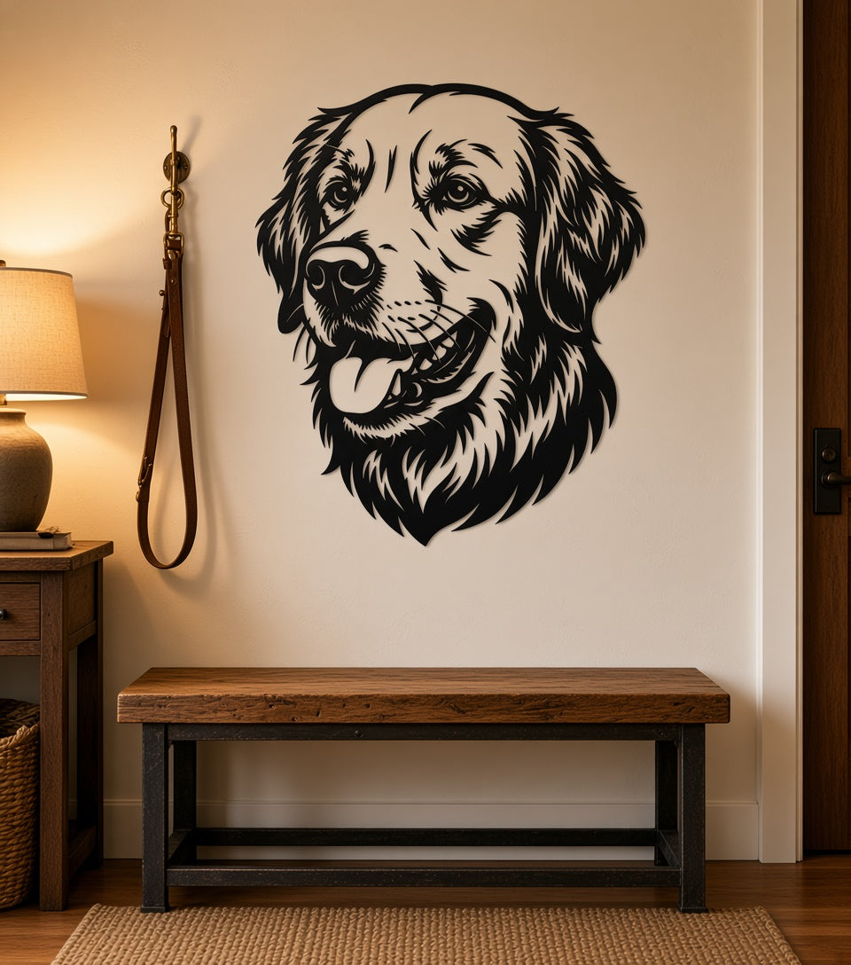 Golden retriever metal wall art on an entryway wall