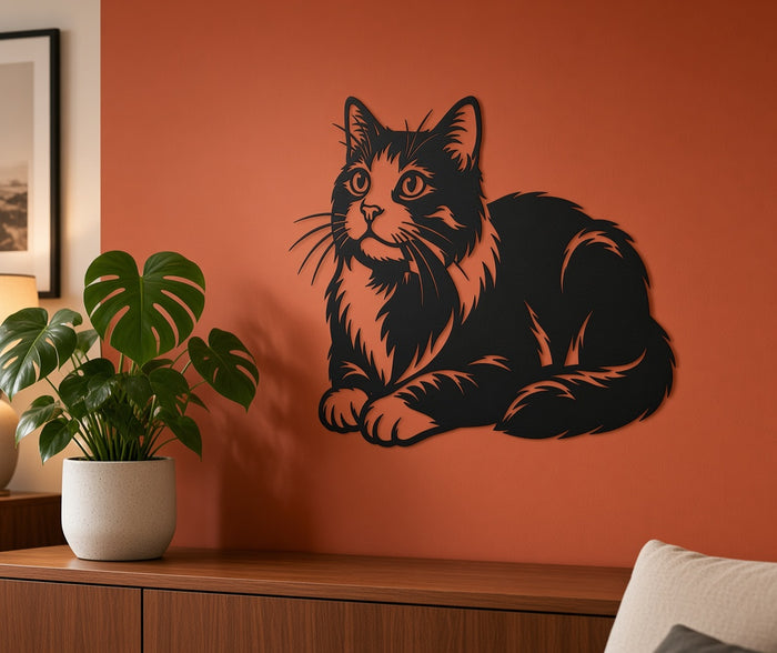 Tabby cat metal wall art on a living room wall