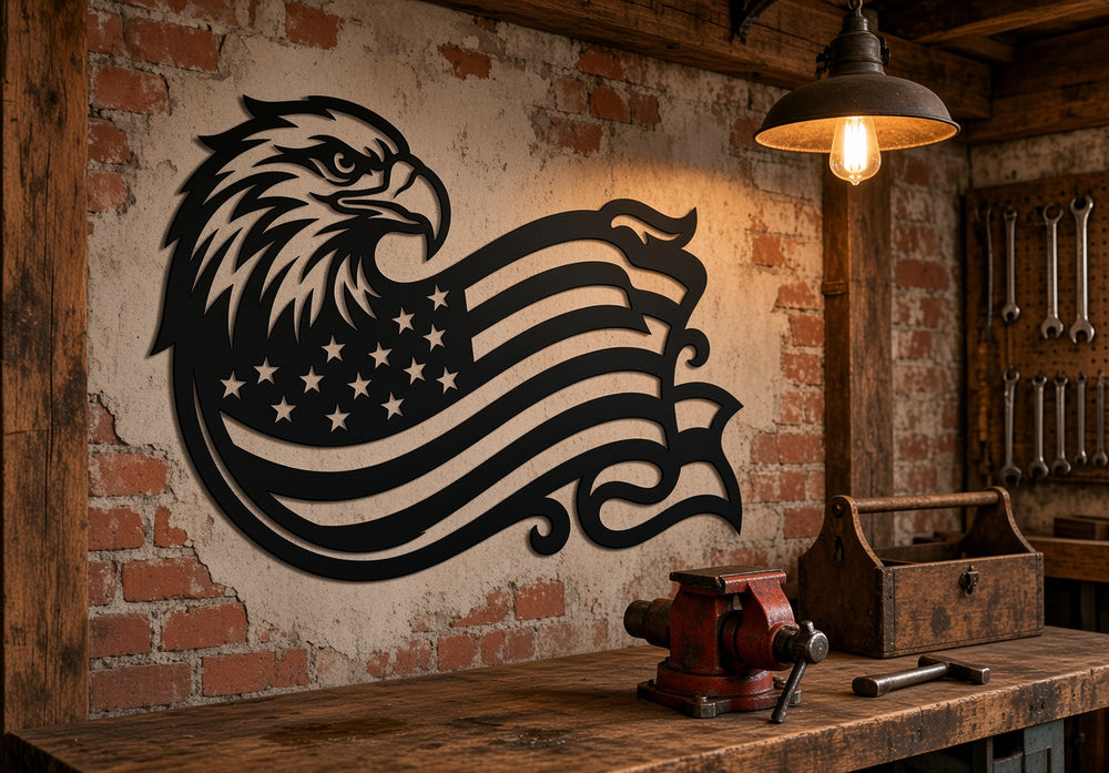 American eagle flag metal wall art on a shop wall
