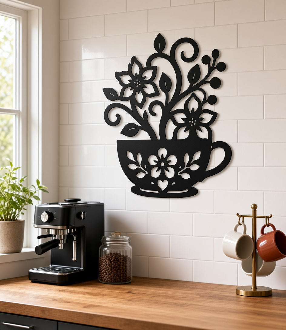 Teacup metal wall art on a kitchen wall above a coffee bar