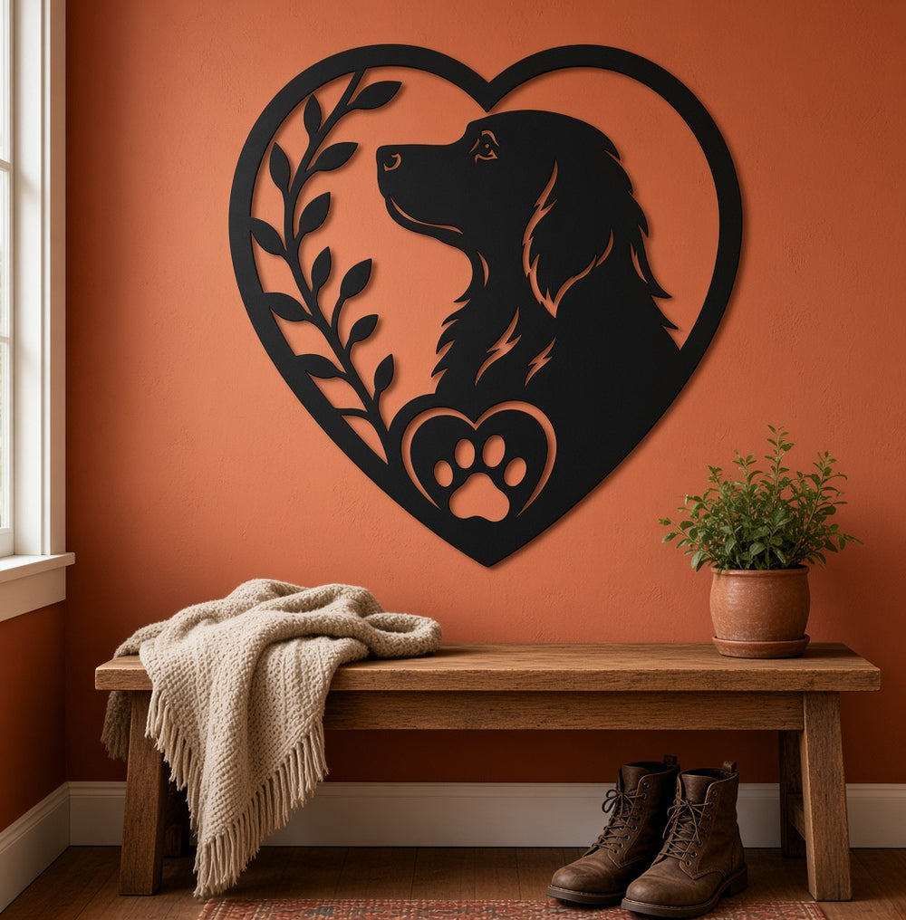 Dog heart metal wall art shown on a wall above an entryway bench