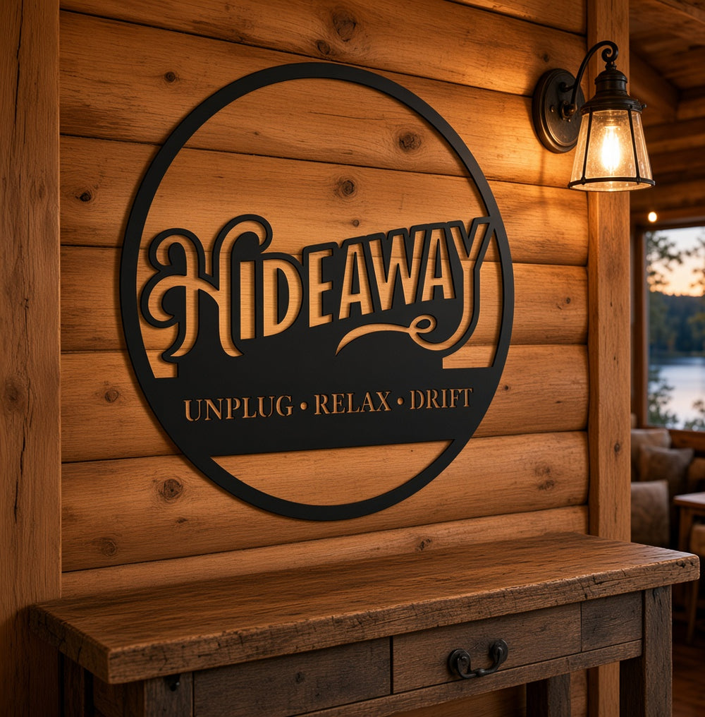 Hideaway cottage name sign on a cabin wall