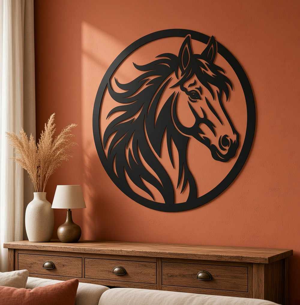 Horse portrait metal wall art on a living room wall